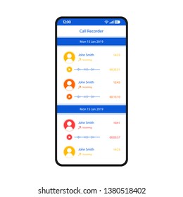 Call Recorder Smartphone Interface Vector Template. Mobile App Page White Design Layout. Incoming Voice Mail, Audio Messages Screen. Flat UI For Application. Audio Records, Media List. Phone Display