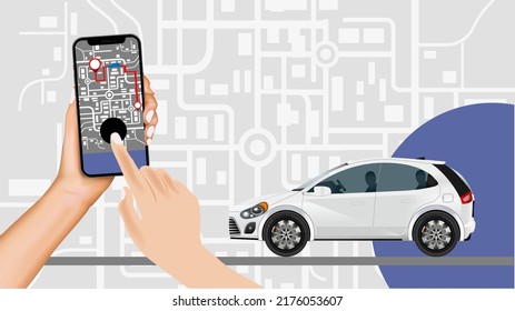 Call or reserve car service by using smartphone. Car sharing service. smartphone screen with mobile app and click button car rental. Flat online carsharing vector concept.