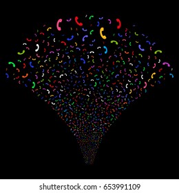 Call salute stream. Vector illustration style is flat bright multicolored iconic symbols on a black background. Object explosion fountain combined from random pictographs.
