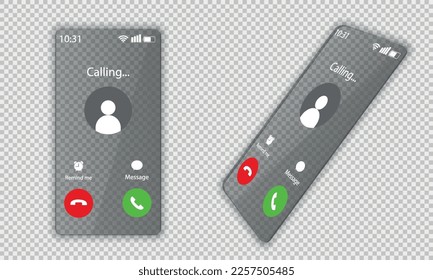 Call Screen Concept UI Set with realistic transparent background. Incoming call screen template