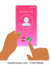 Call Screen Smartphone Interface. Switch Speaker Smartphone Interface Vector Template.Hands Hold Phone. Incoming Call. Flat UI For Application. Stock Vector Illustration On White Isolated Background.