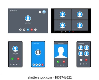 Call Screen Template. Incoming Video Calls Accept And Decline Button Anonymous Avatar Mobile, Tablet Computers Or Laptop Interface Display, Calling Chat Conference Computer Vector Realistic Mockup Set