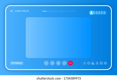 Call screen template on window browser or app. Video chat or meeting or conference. Blue Mockup UI, UX interface. Vector illustration.