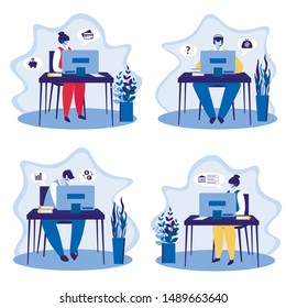 Call Service, Technical Support Staff Set. Specialists in Headset Working on Computers Communicate with Customers Online, Operator Consultant Solve Clients Problems. Cartoon Flat Vector Illustration