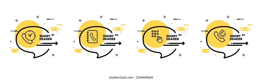 Call set icon. 24 7 calls, phone book, contacts, call log, dialing. Phone concept. Infographic timeline with icons and 4 steps. Vector line icon for Business and Advertising.