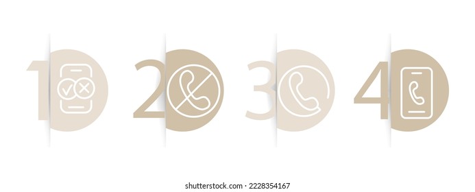 Icono de conjunto de llamadas. Llamadas las 24 horas del día, llamadas de vuelta, marcación, libreta de teléfonos, marca de verificación, perdida, modo silencioso, línea directa, hendset, libro de referencia. Centro de llamadas. Escala de tiempo de infografía. Fondo de color Pastel