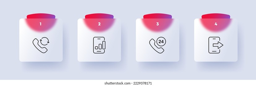 Call set icon. Calls around the clock, call back, dialing, phone book, reference book. Call centre concept. Glassmorphism style. Vector line icon