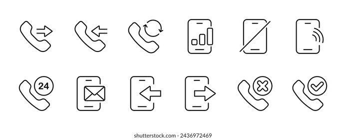 Call set icon. The handset accepts and rejects calls, communication 247. The presence and absence of communication, Wi Fi, email, the presence and absence of a telephone. Vector line icon.