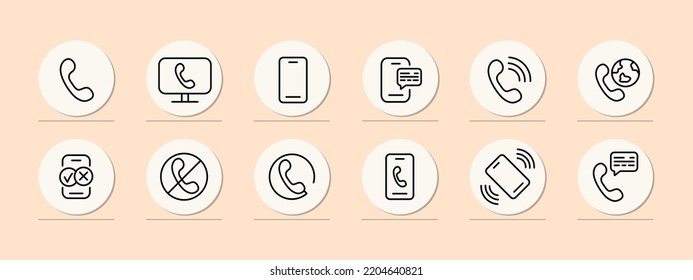 Call set icon. Handset, silent mode, phone number, speech bubble, network, tick, cross, location, message, speech bubble. Contact us concept. Pastel color background. Vector line icon for Business