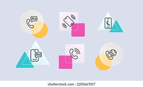 Rufen Sie das Symbol "Set" auf. Handset, Stummschaltung, Telefonnummer, Sprechblase, Netzwerk, Zecken, Kreuz, Globus, Nachricht, Sprechblase. Kontaktieren Sie uns Konzept. Brillmorphismus-Stil. Vektorliniensymbol für Unternehmen