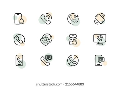 Icono de conjunto de llamadas. Teléfono, teléfono, conversación telefónica, 24 horas al día, línea directa, servicio, mensajes, spam, etc. Icono de línea de vector para negocios y publicidad