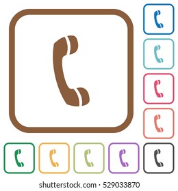Call simple icons in color rounded square frames on white background