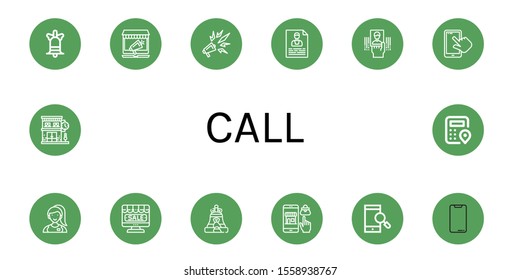 call simple icons set. Contains such icons as Bell, Online shopping, Promotion, Contact, Business card, Smartphone, Assistant, Online shop, can be used for web, mobile and logo