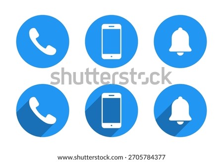 Call, smartphone and notification icon with long shadow. Phone, cellphone, and bell symbol