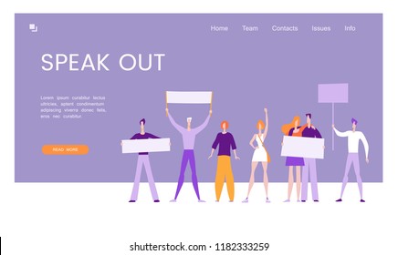 The call to speak out, young men and women express their opinion, protest against unemployment or injustice, protect human rights with posters in their hands. Vector illustration, landing page