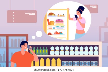 Call from store. Man talking phone from grocery with woman near fridge. Young husband buy foods home and calling to wife vector illustration