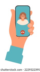 Call to a subscriber using a smartphone. Phone in hand. Communication with the help of modern technologies. Flat style. Vector illustration