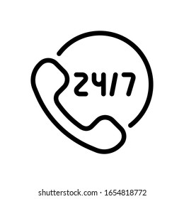 Call or support center, 24 and 7, linear logo, outline design. Black icon on white background