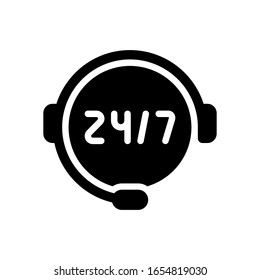 Call or support center, 24 and 7. Black icon on white background