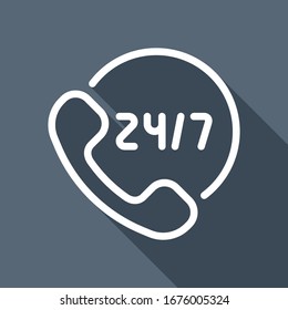 Centro de llamadas o asistencia, 24 y 7, icono lineal, diseño de contorno. Icono plano blanco con una sombra larga sobre fondo azul