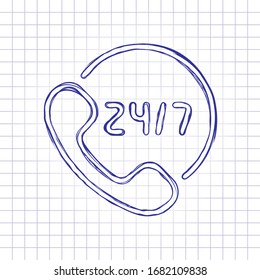 Call or support center, 24 and 7, linear icon, outline design. Hand drawn picture on paper sheet. Blue ink, outline sketch style. Doodle on checkered background