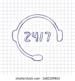 Call or support center, 24 and 7. Hand drawn picture on paper sheet. Blue ink, outline sketch style. Doodle on checkered background