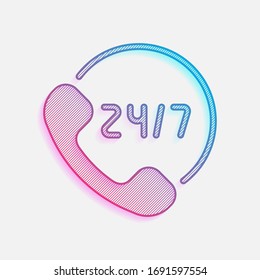 Call or support center, 24 and 7. Colored logo with diagonal lines and blue-red gradient. Neon graphic, light effect