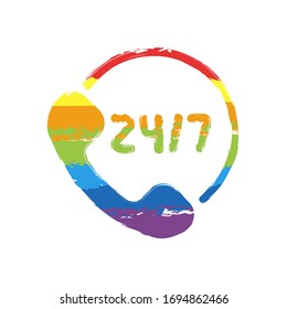 Call or support center, 24 and 7. Drawing sign with LGBT style, seven colors of rainbow (red, orange, yellow, green, blue, indigo, violet