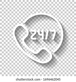 Call or support center, 24 and 7, linear icon, outline design. White icon with shadow on transparent background