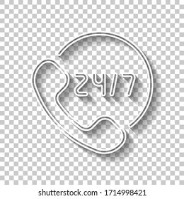 Centro de llamadas o asistencia, 24 y 7, icono lineal, diseño de contorno. Signo de esquema blanco con sombra sobre fondo transparente