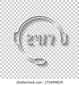 Call or support center, 24 and 7. White outline sign with shadow on transparent background