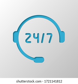 Call or support center, 24 and 7. Paper design. Cutted symbol with shadow