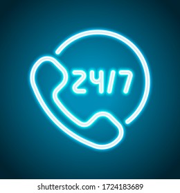 Call or support center, 24 and 7, linear icon, outline design. Neon style. Light decoration icon. Bright electric symbol