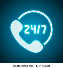 Call or support center, 24 and 7. Neon style. Light decoration icon. Bright electric symbol