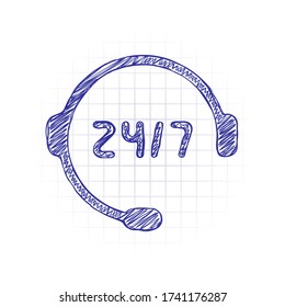 Centro de llamadas o asistencia, 24 y 7. Imagen dibujada a mano con relleno de garrapatas. Tinta azul. Doodle sobre fondo blanco