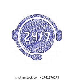 Call or support center, 24 and 7. Hand drawn sketched picture with scribble fill. Blue ink. Doodle on white background
