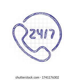 Call oder Support Center, 24 und 7, Lineare Icons, Konturdesign. Handgezeichnetes Bild mit Schreibenfüllung. Blau. Doodle auf weißem Hintergrund