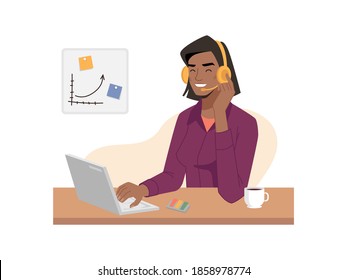 Call or support center, afro american woman operator speaks in headphones with microphone and typing on laptop. Vector online customer service, consultants communicating in headset at helpdesks