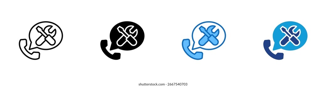 Call Support Off Multiple Style Icon Vetor Design - Receptor de telefone com balão de fala contendo chave de fenda e chave de fenda, simbolizando suporte técnico ou relacionado a ferramentas