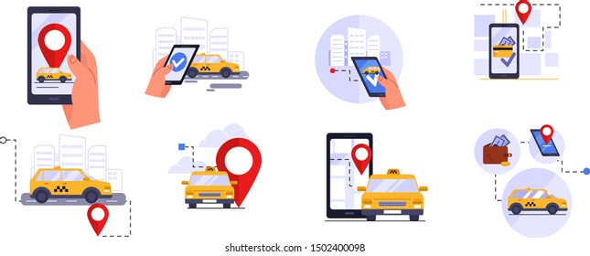 Call a Taxi. Car selection and navigation in the city with an emphasis on fare. Set of flat vector illustrations for mobile applications and web sites.