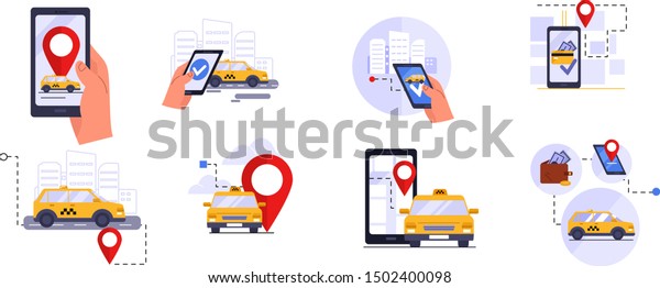 Call a Taxi. Car selection and navigation\
in the city with an emphasis on fare. Set of flat vector\
illustrations for mobile applications and web\
sites.