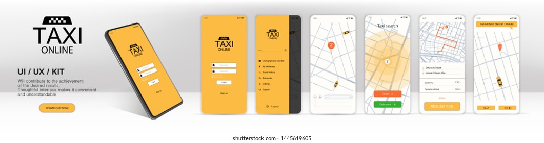 Call a taxi online, mobile application. UI, UX, KIT Application. Online mobile application order taxi service in flat style. GUI screens including sign In, cab booking, map navigation. Finished app