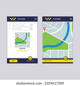 Llama a un taxi en línea, aplicación móvil. Aplicación UI, UX, KIT. Aplicación móvil en línea para pedir servicio de taxi en estilo plano. pantallas de interfaz de usuario, incluyendo inicio de sesión, reserva de taxis, navegación por mapas.