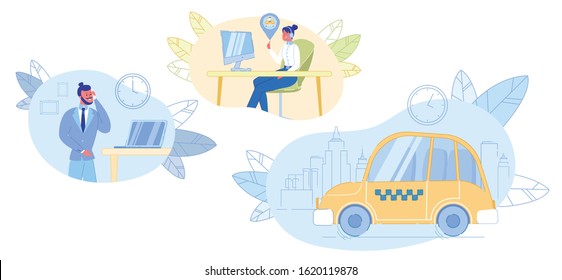 Call Taxi Service. Man Holding Mobile Phone and Booking Cab. Connection between Woman Dispatcher and Male Client. Sitting at Computer Manager Taking Order. Yellow Cab on City Background