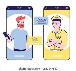 Call taxi service smartphone cartoon app screen. Mobile phone displays with car driver flat character design mockup. Man ordering automobile telephone application interface. Vector illustration