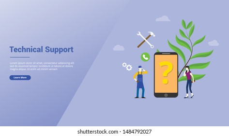 call technical support with men two people calling with wrench icon and city background with modern flat style for website template or landing homepage - vector