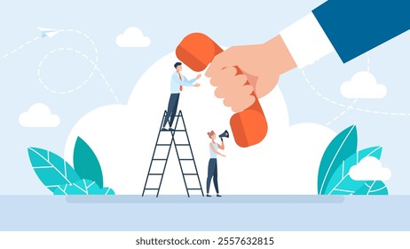 Call. Tiny people talking on the phone. Flat tiny cellphone communication persons concept. Conversation service. Symbolic telemarketing, operator and consultant equipment. Vector illustration