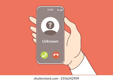 Call from unknown caller on phone screen in person hand, for spam or unsolicited advertising concept. Call from unknown scammer who wants to help with money or deceive victim through smartphone