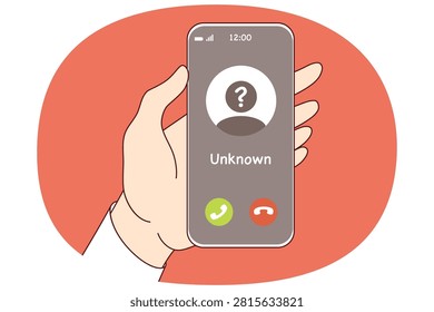 Call from unknown caller on phone screen in person hand, for spam or unsolicited advertising concept. Call from unknown scammer who wants to help with money or deceive victim through smartphone