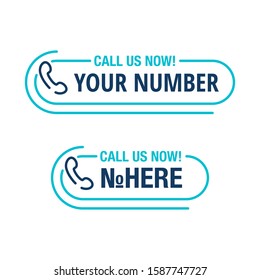 Call us button - template for phone number block in website header  - conspicuous sticker with phone headset pin form pictogram and sample text